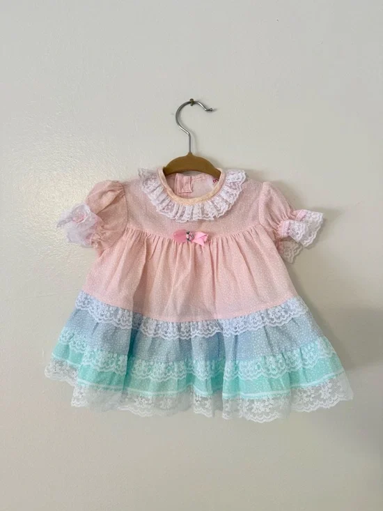 Vintage Baby Girl 6-9m Dress &Bloomer Set Roanna Pink Blue Ditzy Floral Lace 80s - Picture 2 of 14
